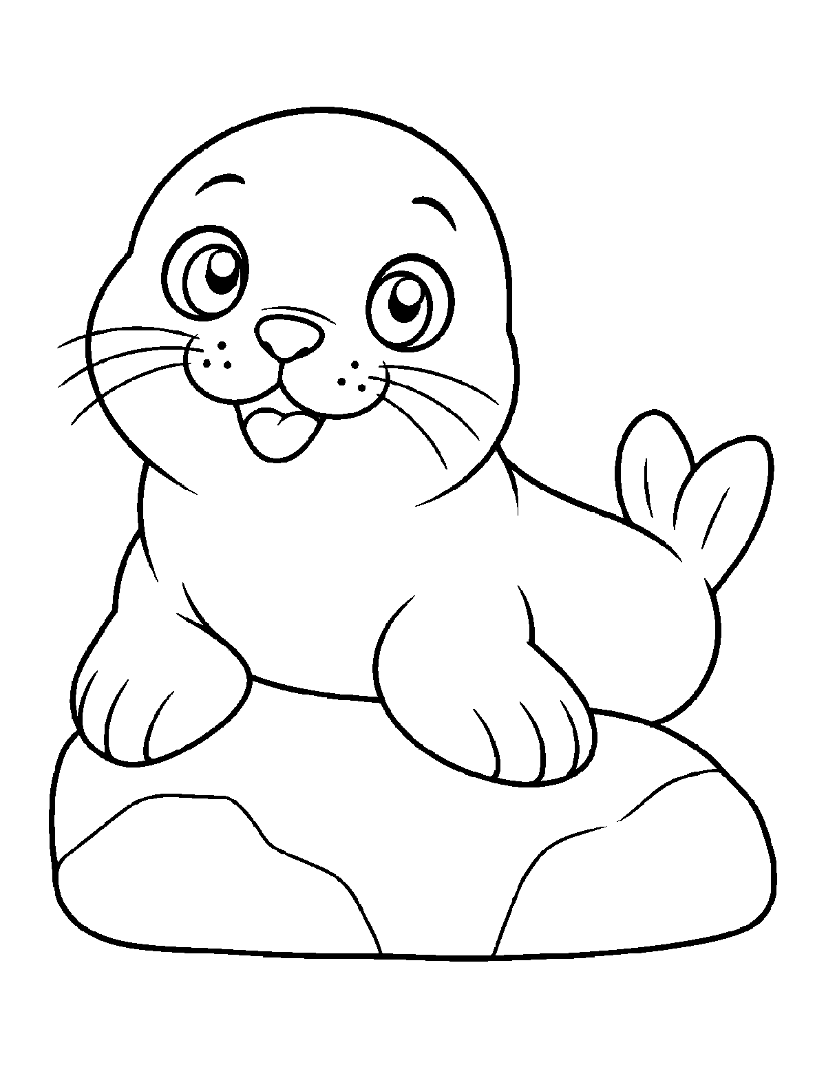 Coloring page of a smiling baby seal resting on a rock