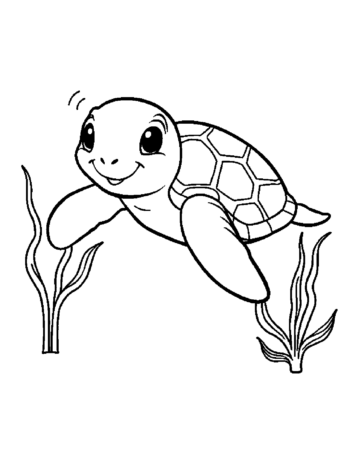 Coloring page of a smiling baby sea turtle swimming past strands of seaweed