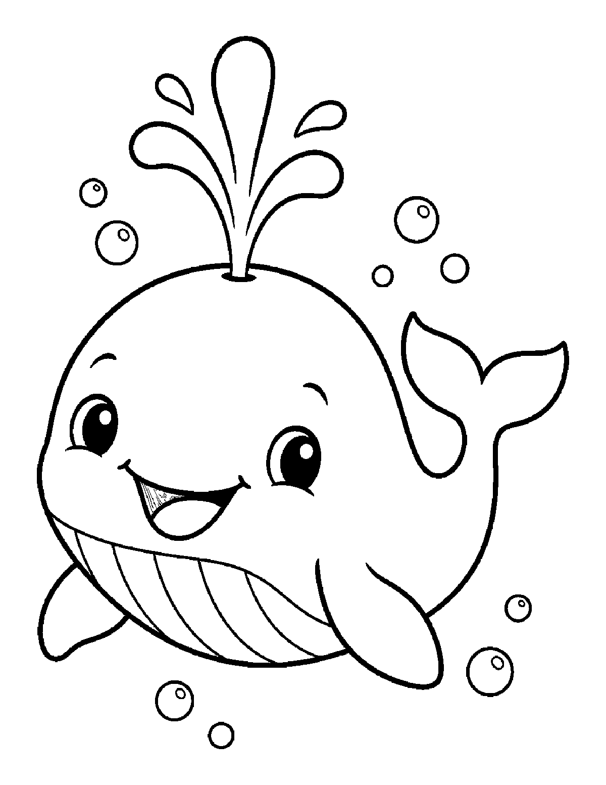 Coloring page of a smiling baby whale spouting water with bubbles around it