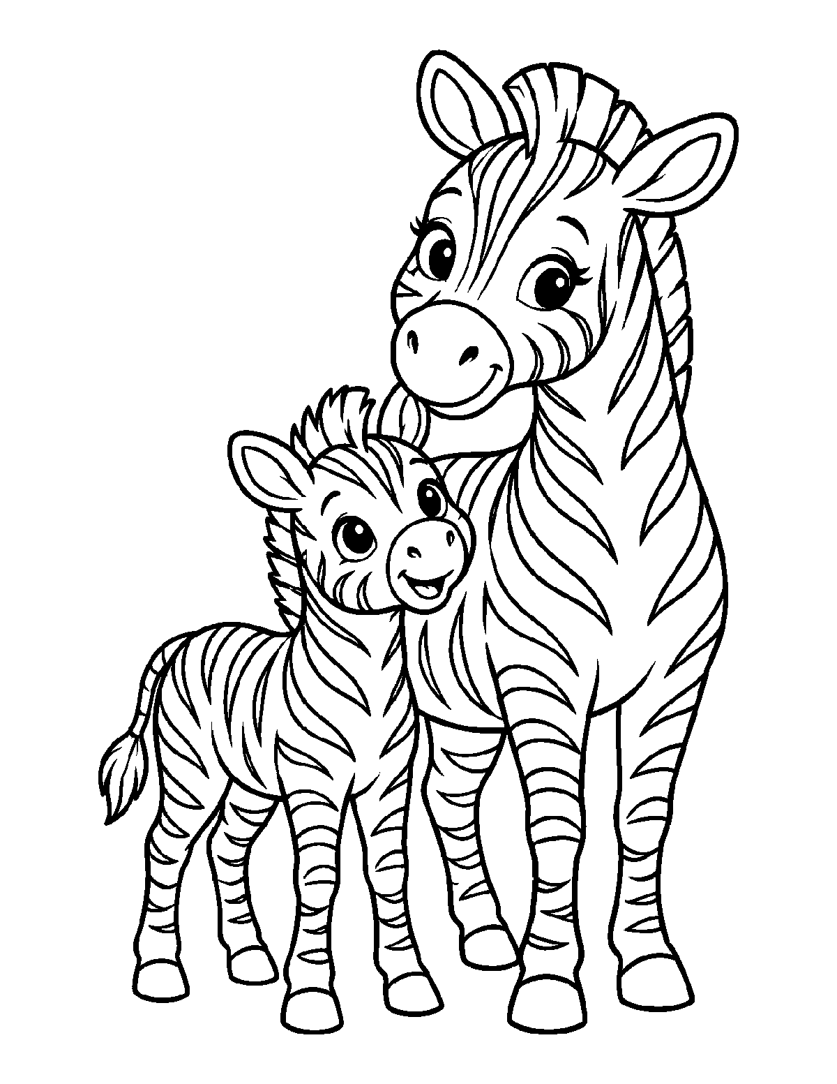 Coloring page of a baby zebra standing close to its mother with striped coats