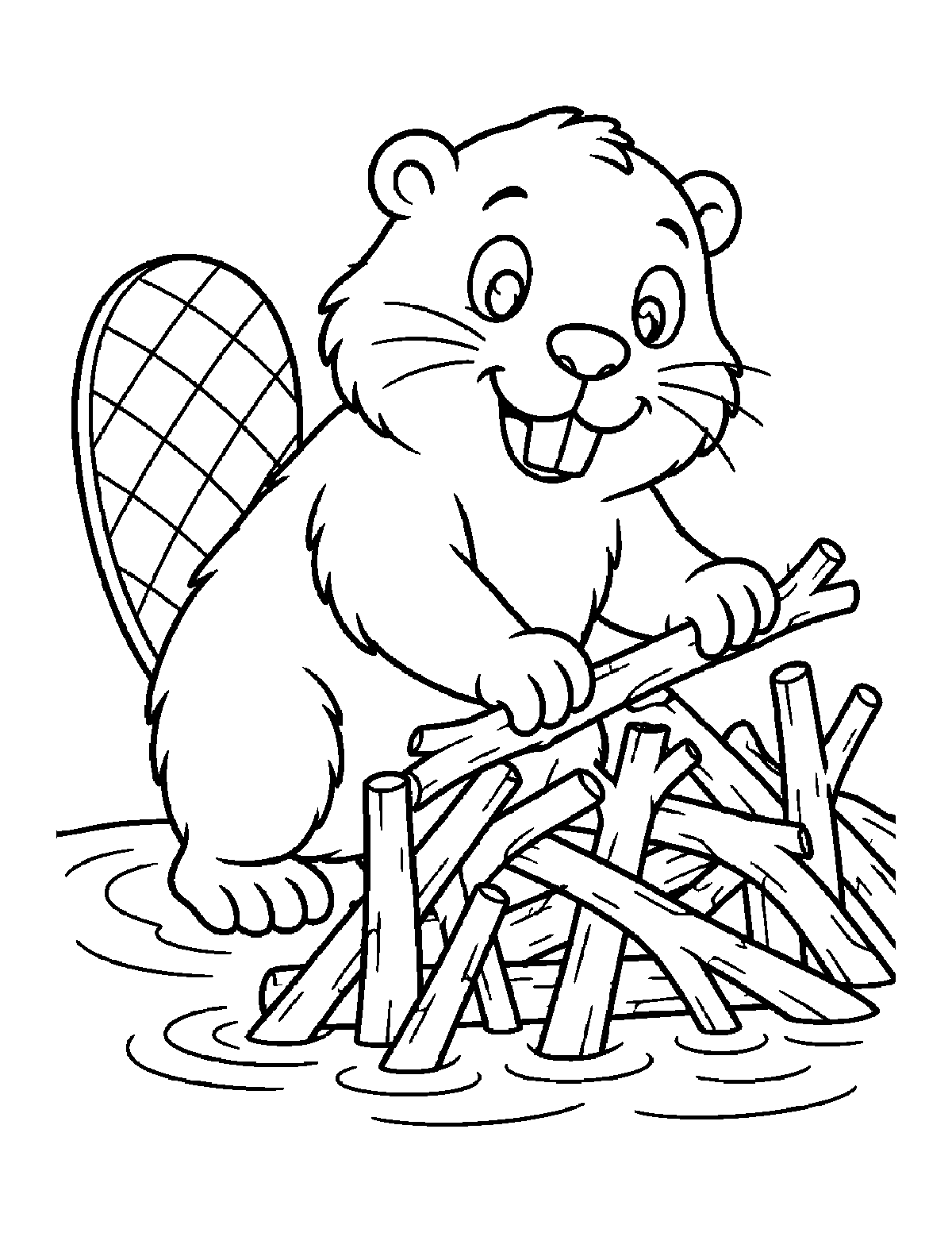 Coloring page of a smiling beaver holding a stick beside a small dam in the water