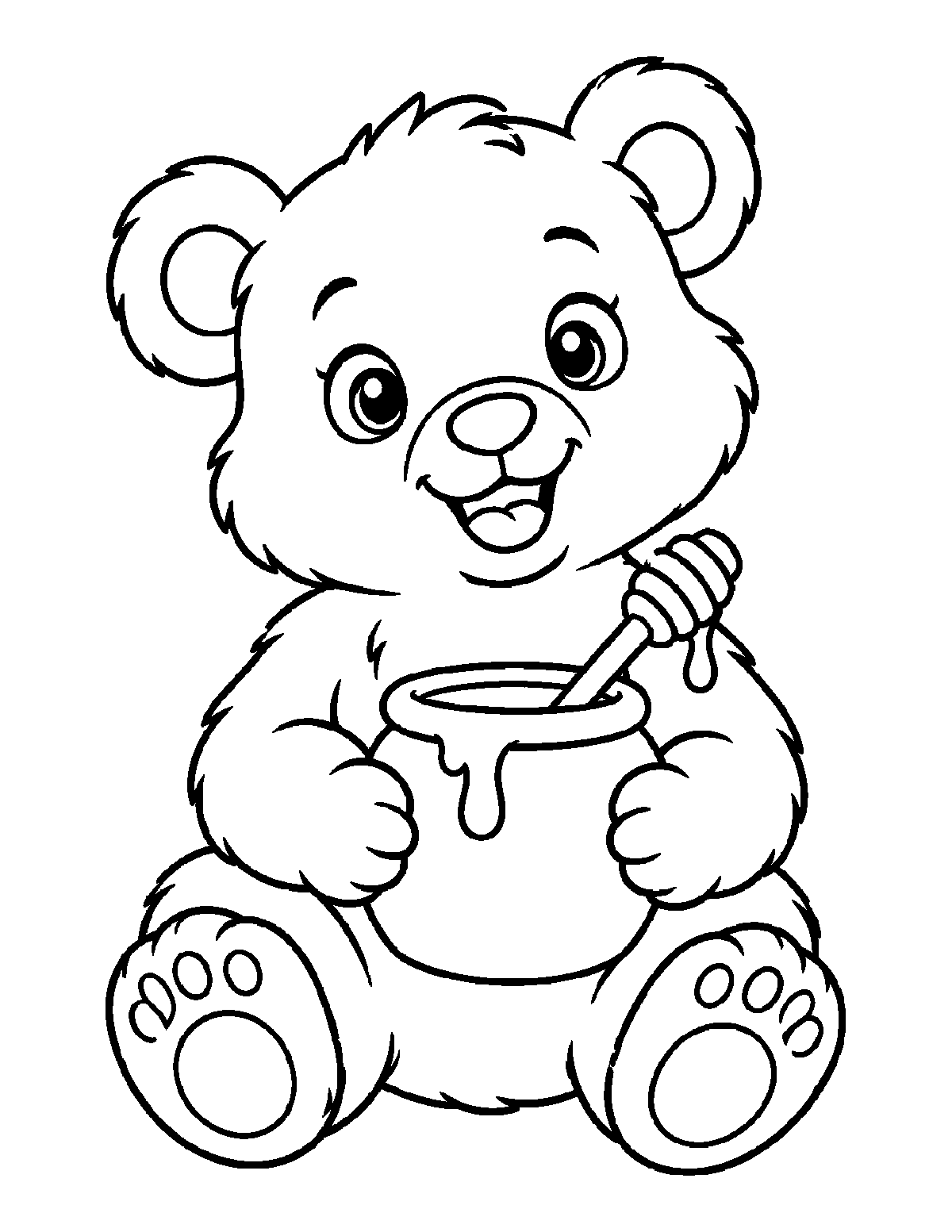 Coloring page of a smiling bear cub holding a honey pot and honey dipper