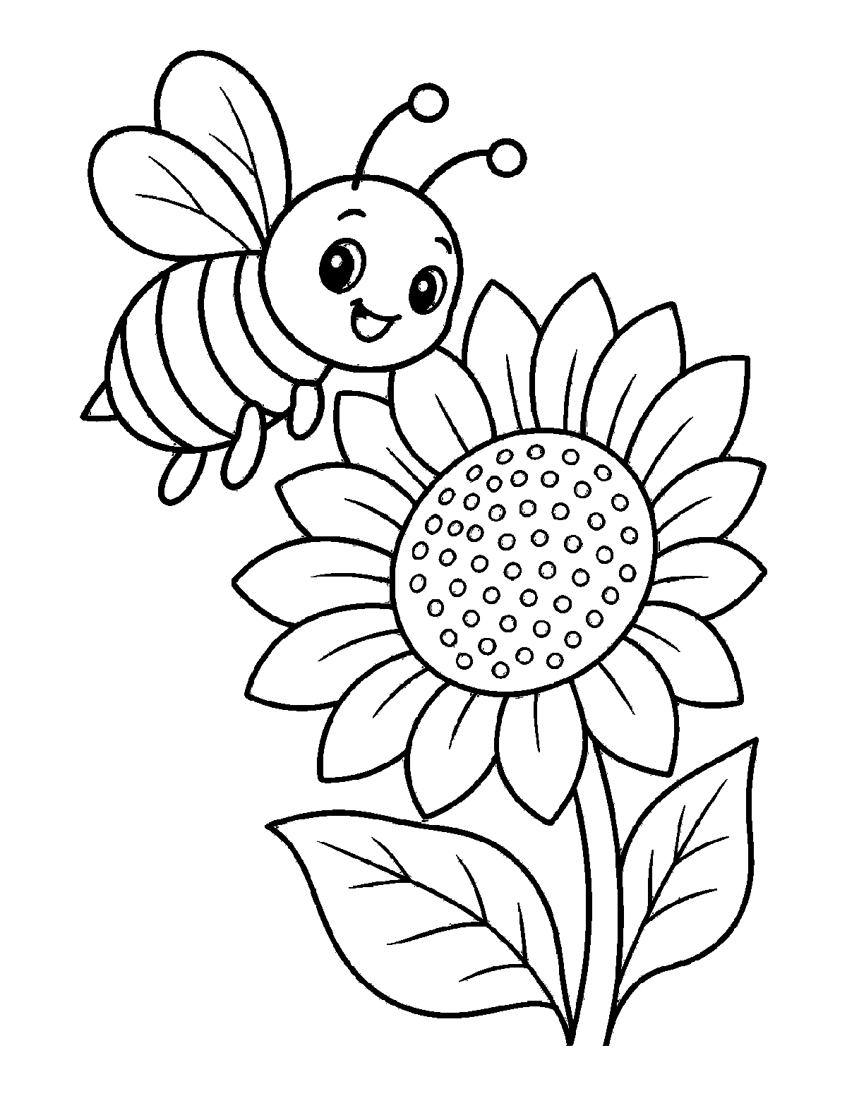 Coloring page of a smiling bumblebee flying beside a large sunflower