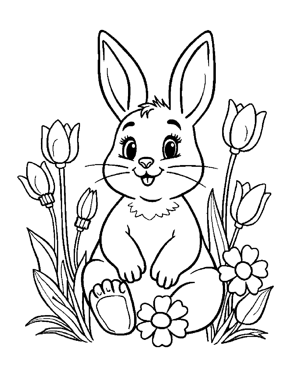 Coloring page of a bunny rabbit with tall ears sitting among tulips and daisies