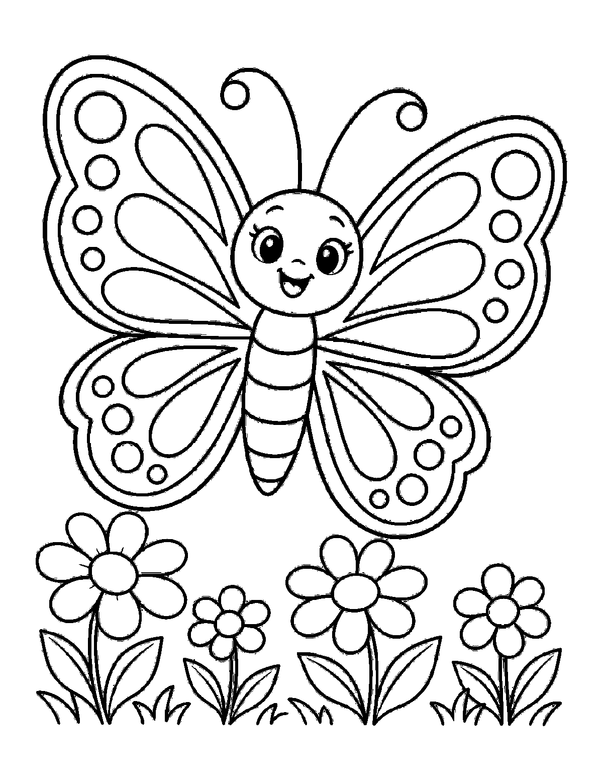 Coloring page of a smiling butterfly with patterned wings flying above flowers