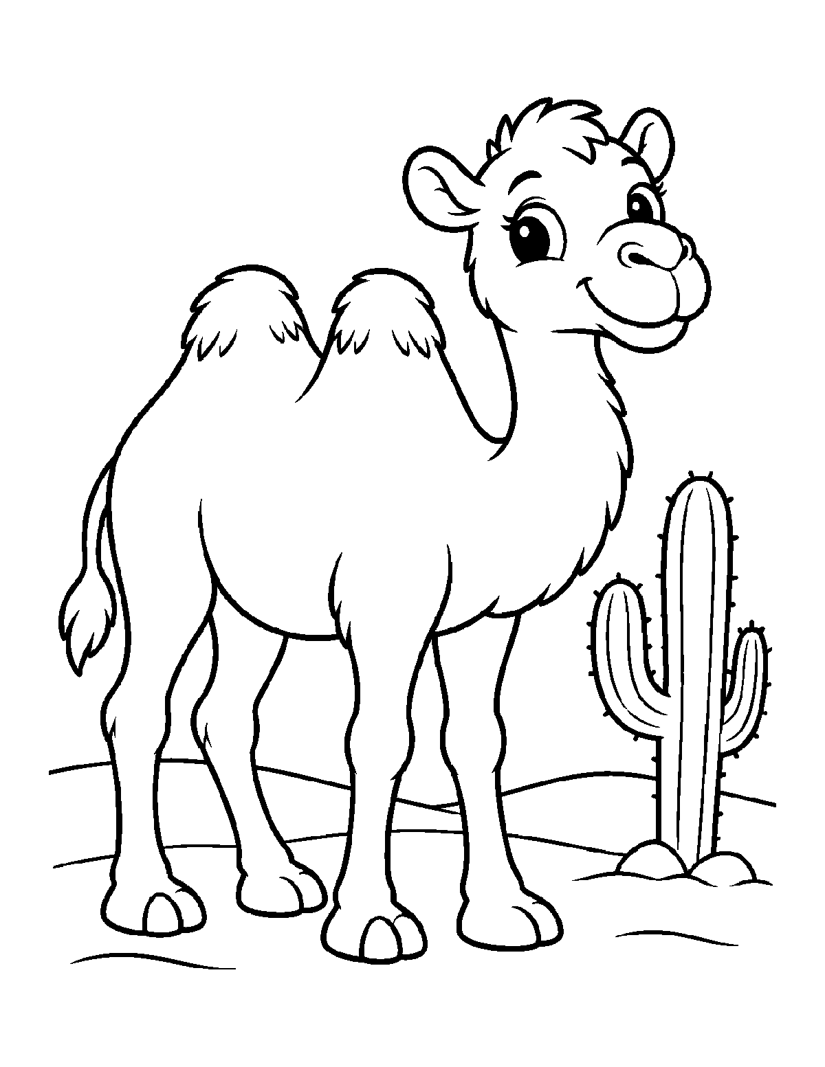 Coloring page of a smiling two-humped camel standing in the desert beside a cactus