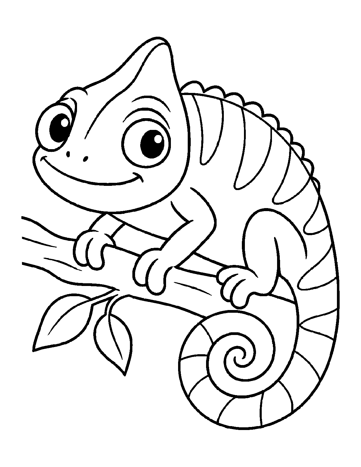 Coloring page of a smiling chameleon with a curled tail gripping a leafy branch