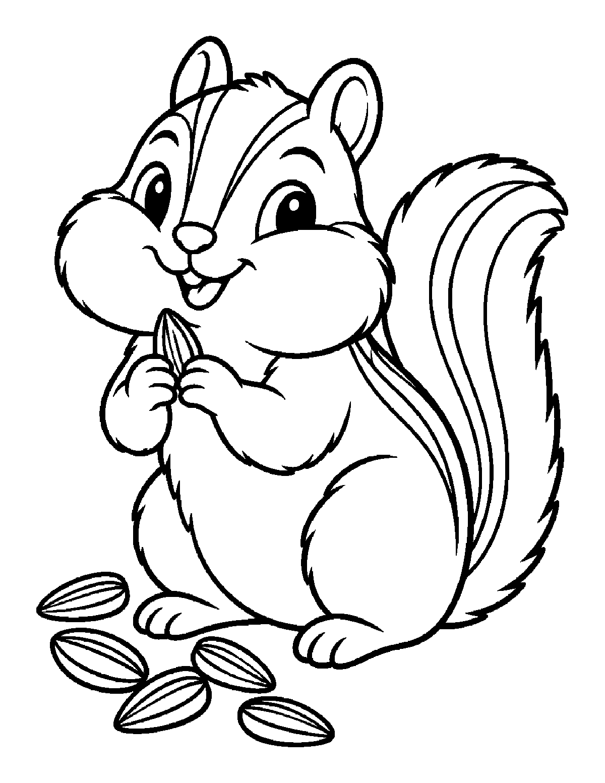 Coloring page of a smiling chipmunk with full cheeks holding a seed near sunflower seeds