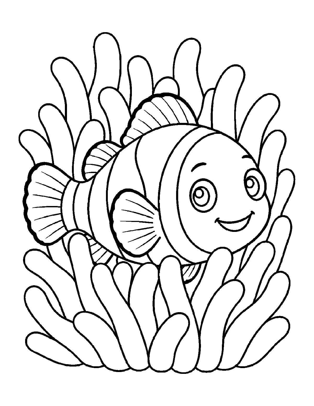 Coloring page of a smiling clownfish swimming among tall sea anemone arms