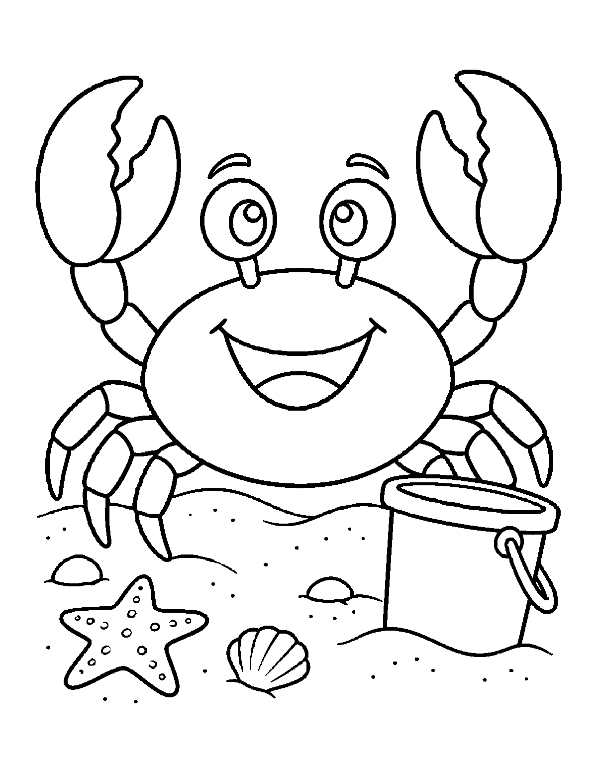Coloring page of a smiling crab raising its claws on a sandy beach beside a bucket