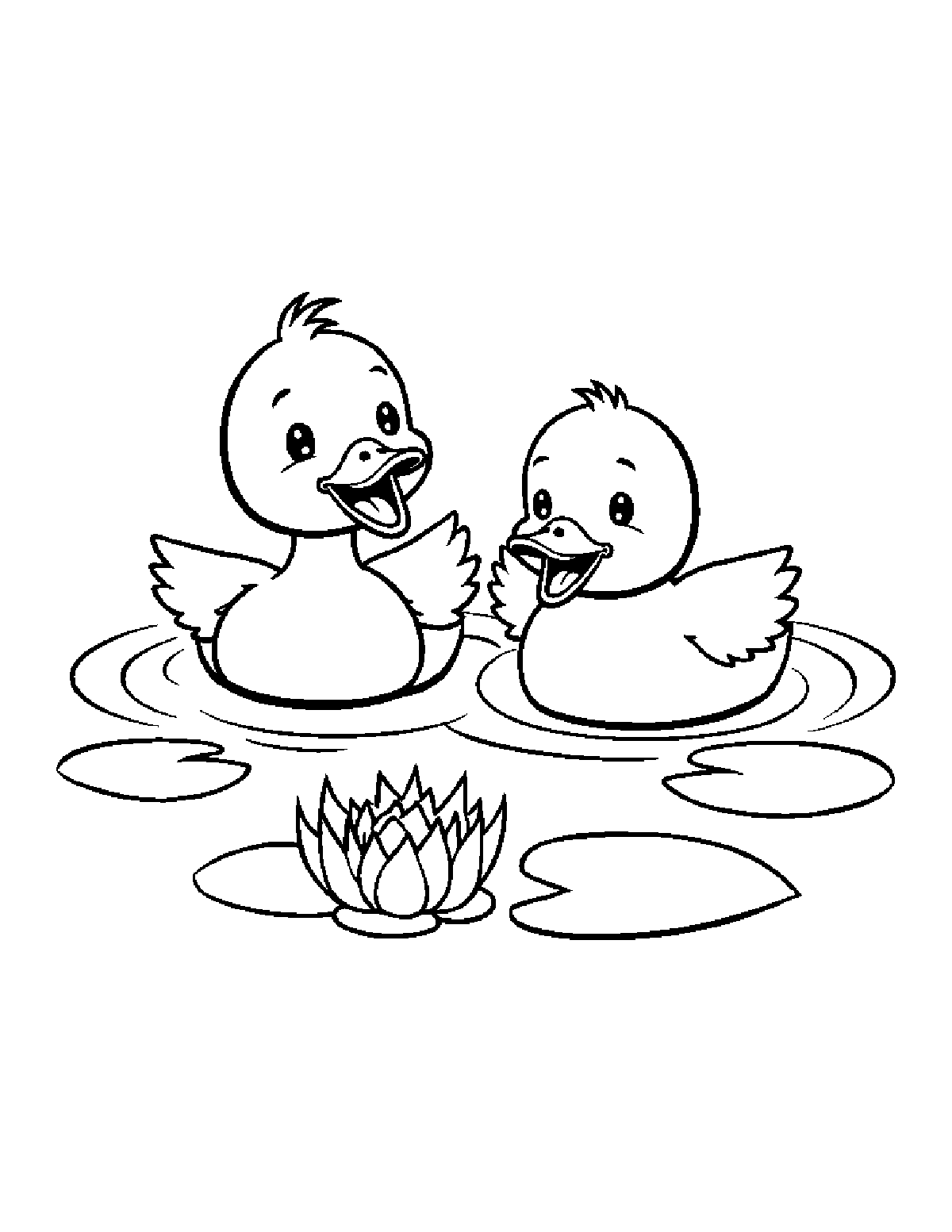 Coloring page of two smiling ducklings swimming in a pond with lily pads and a water lily
