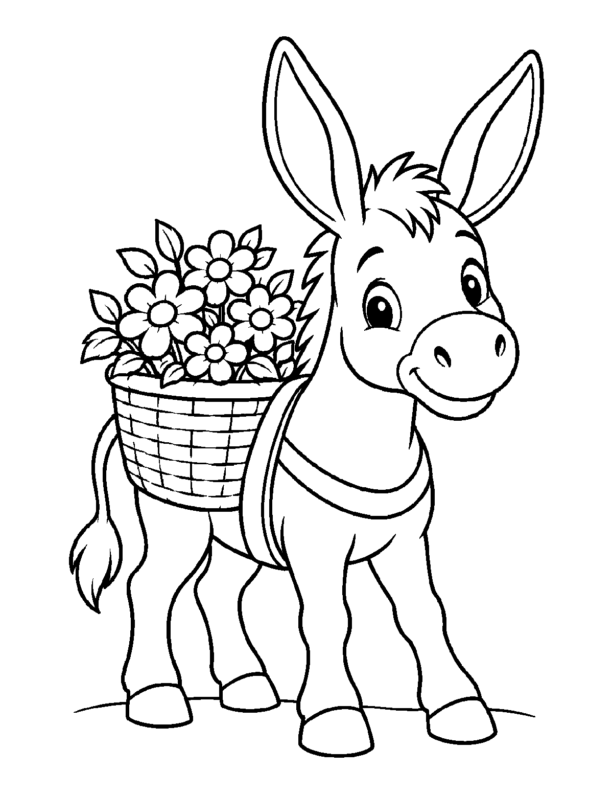 Coloring page of a smiling donkey with big ears carrying a basket of flowers