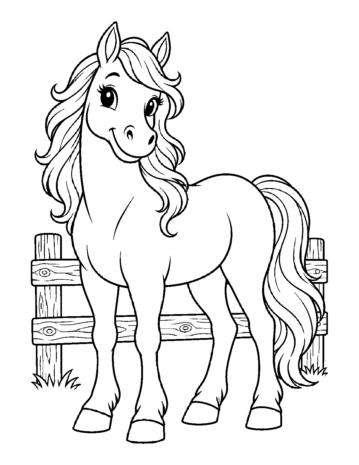 Coloring page of a smiling horse with a flowing mane standing in front of a wooden fence