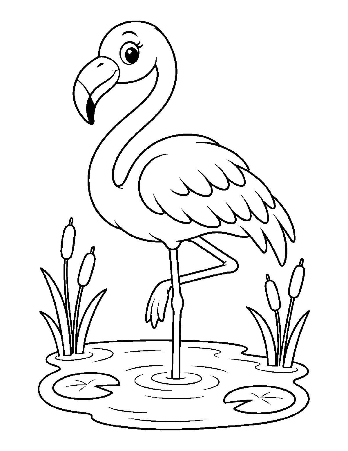 Coloring page of a flamingo standing on one leg in a pond with cattails and lily pads