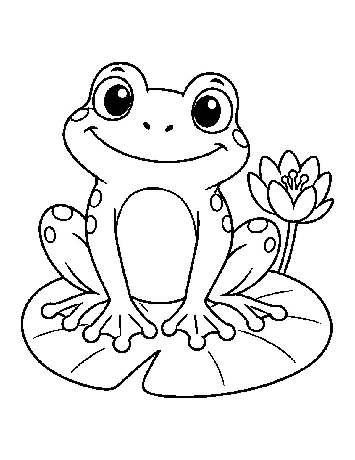 Coloring page of a smiling frog sitting on a lily pad next to a flower