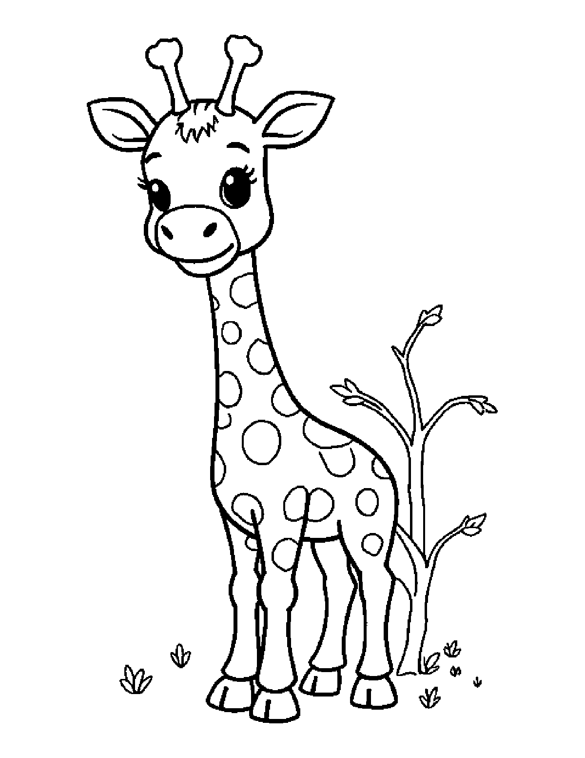 Coloring page of a baby giraffe with round spots standing next to a small tree