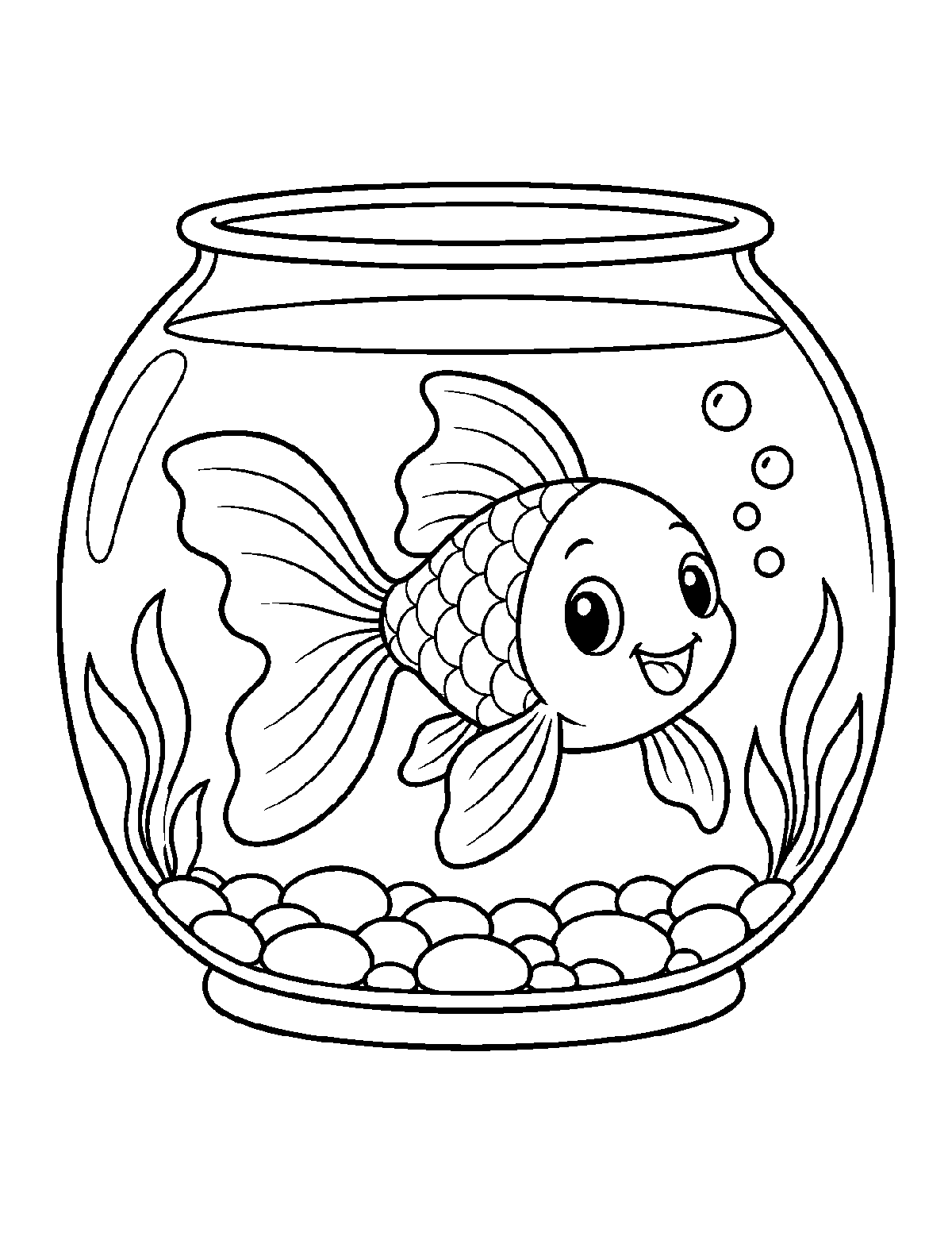 Coloring page of a smiling goldfish swimming in a round fishbowl with pebbles and plants
