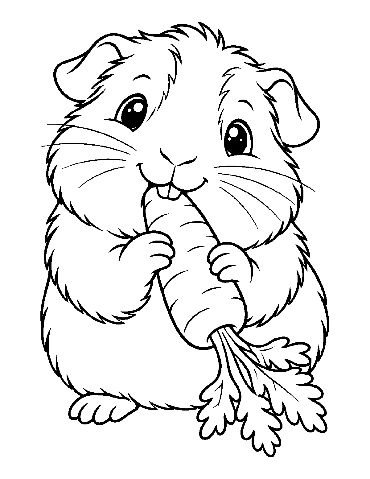 Coloring page of a guinea pig holding and eating a large carrot
