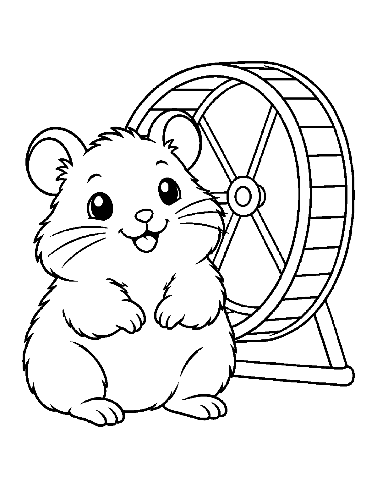 Coloring page of a smiling hamster standing beside an exercise wheel