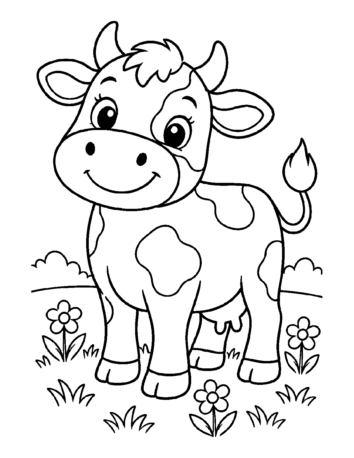Coloring page of a smiling spotted cow standing in a meadow with flowers