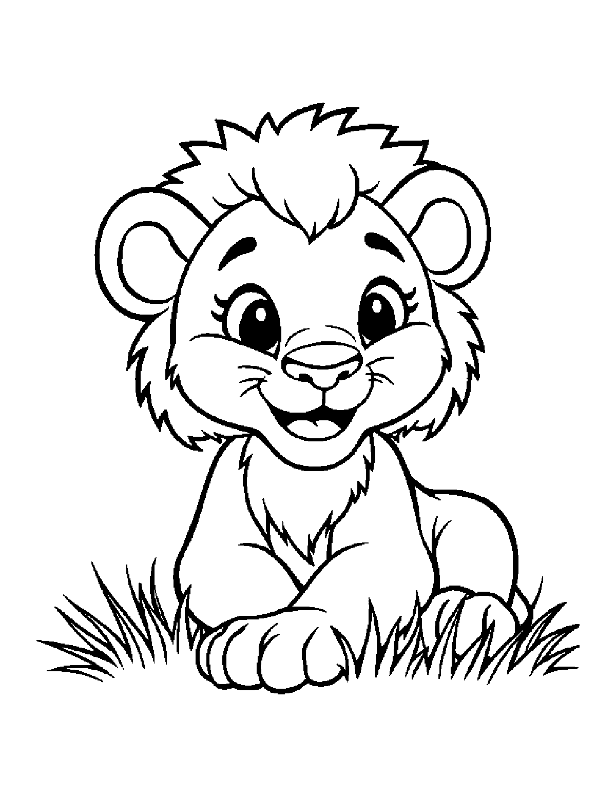 Coloring page of a smiling lion cub with a fluffy little mane lying in the grass