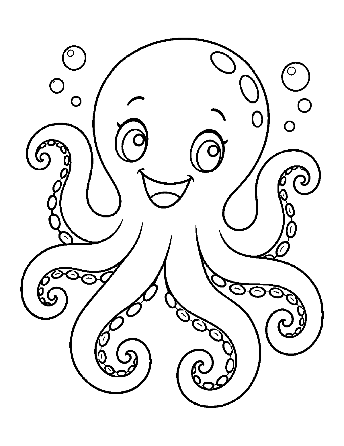 Coloring page of a smiling octopus with curly arms, oval suckers, and bubbles