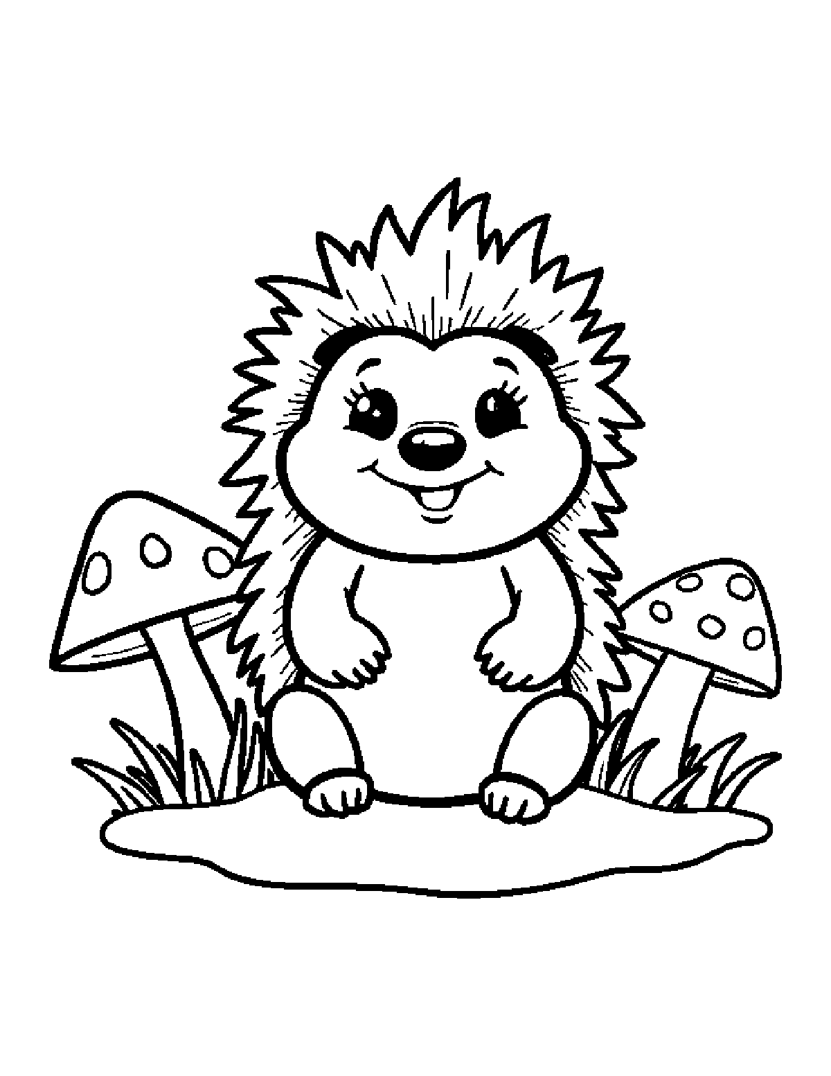 Coloring page of a smiling hedgehog sitting between two spotted mushrooms