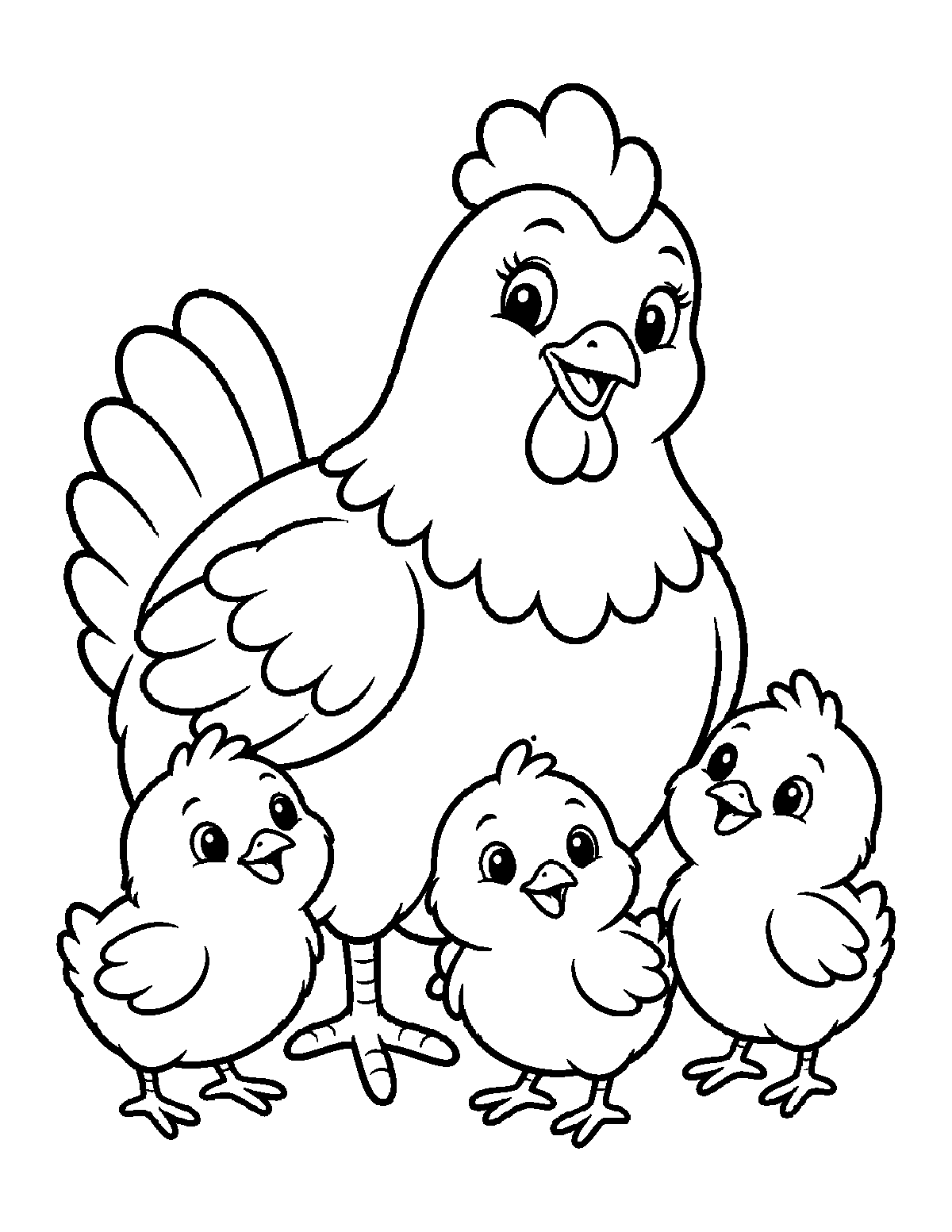 Coloring page of a smiling mother hen standing with three baby chicks