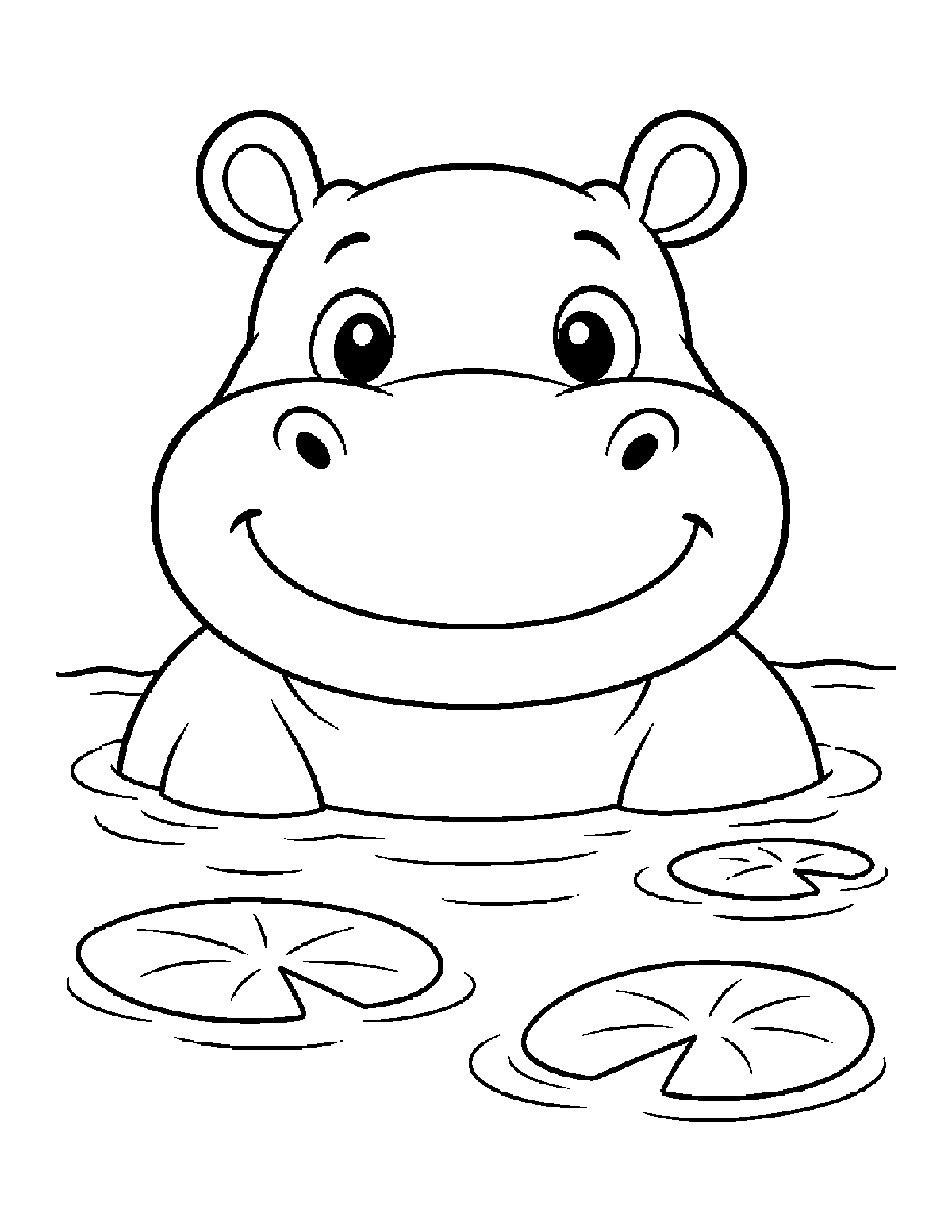 Coloring page of a smiling hippo half in water with lily pads and ripples
