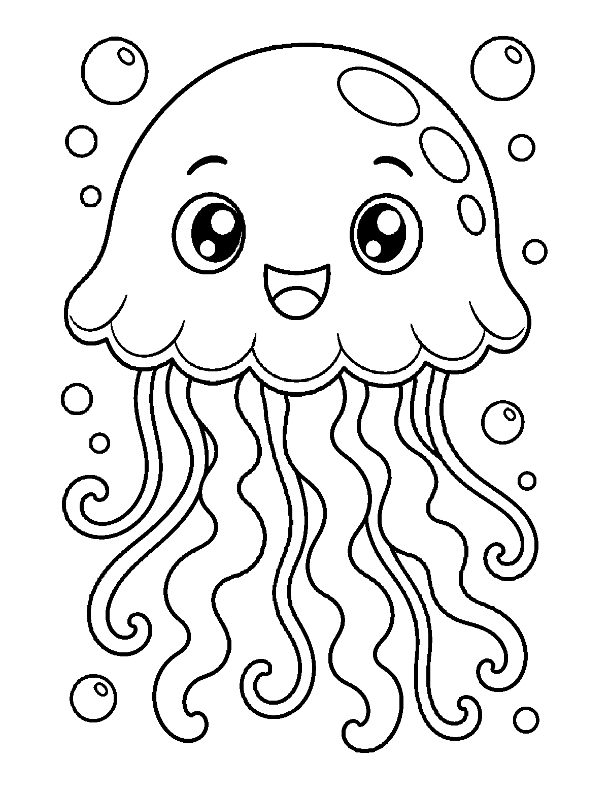 Coloring page of a smiling jellyfish with wavy tentacles and bubbles