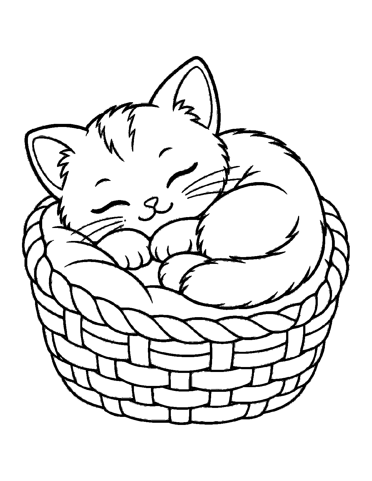 Coloring page of a sleeping kitten curled up in a woven basket