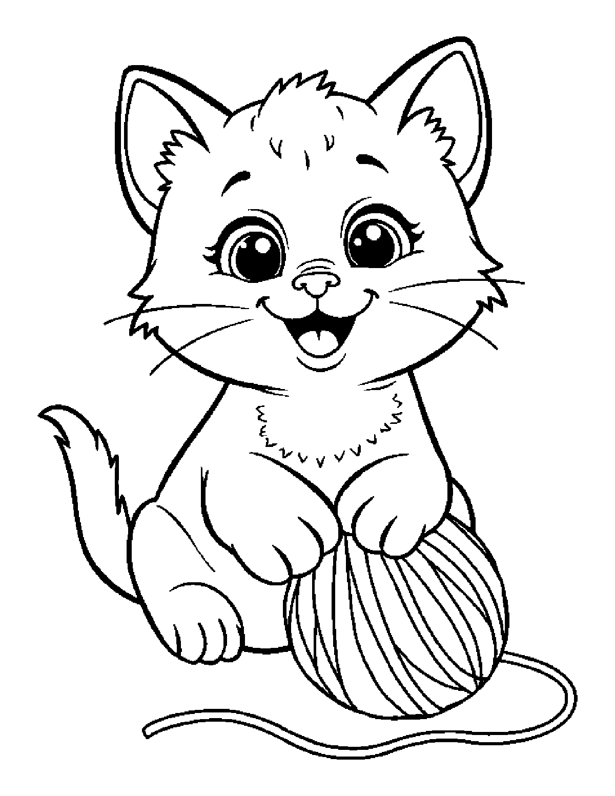 Coloring page of a playful kitten sitting with its paws on a ball of yarn