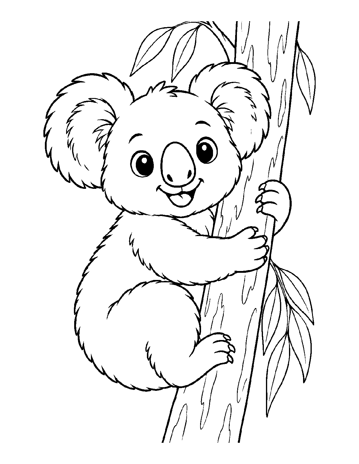 Coloring page of a smiling koala hugging a tall tree trunk with long leaves