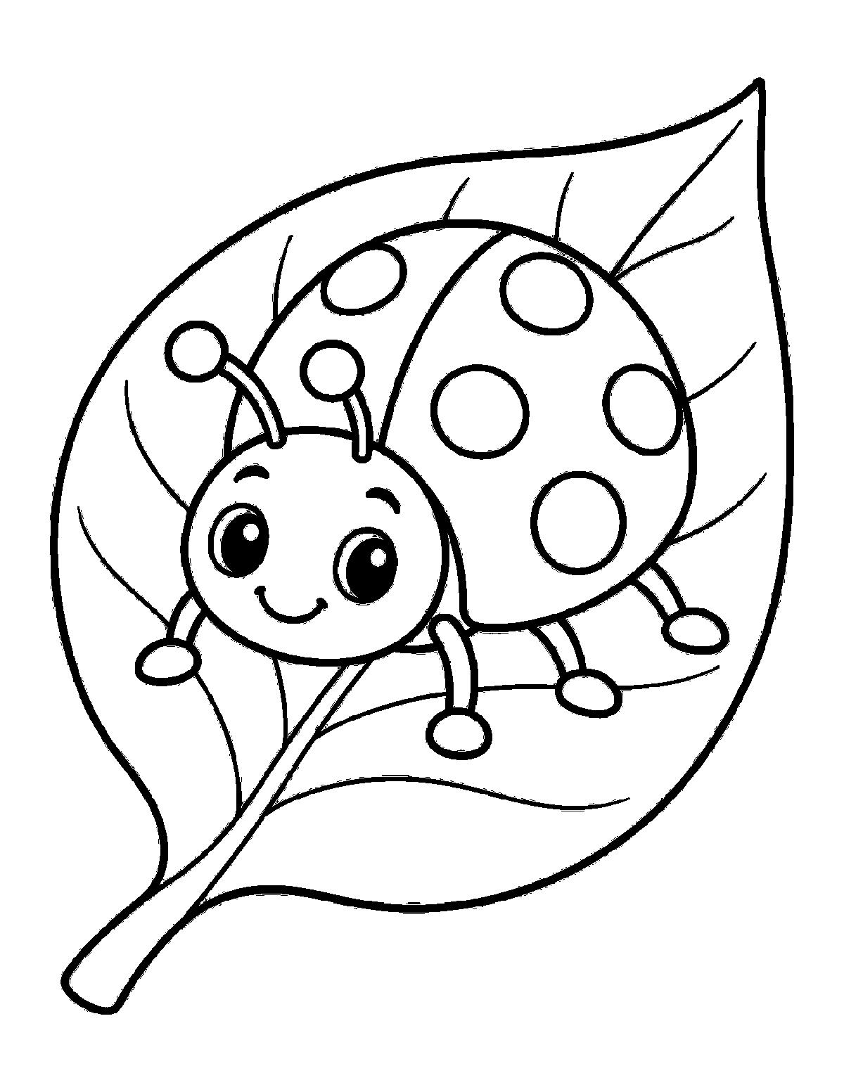 Coloring page of a smiling ladybug with spots crawling on a large leaf