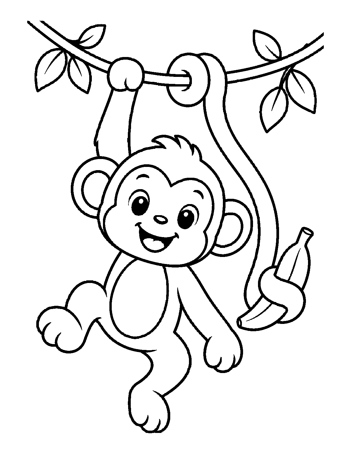 Coloring page of a smiling monkey hanging from a leafy vine with a banana near its tail