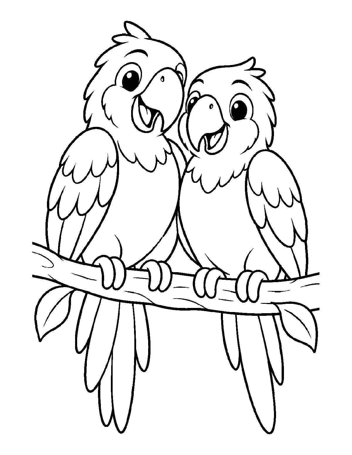 Coloring page of two smiling parrots sitting together on a leafy branch