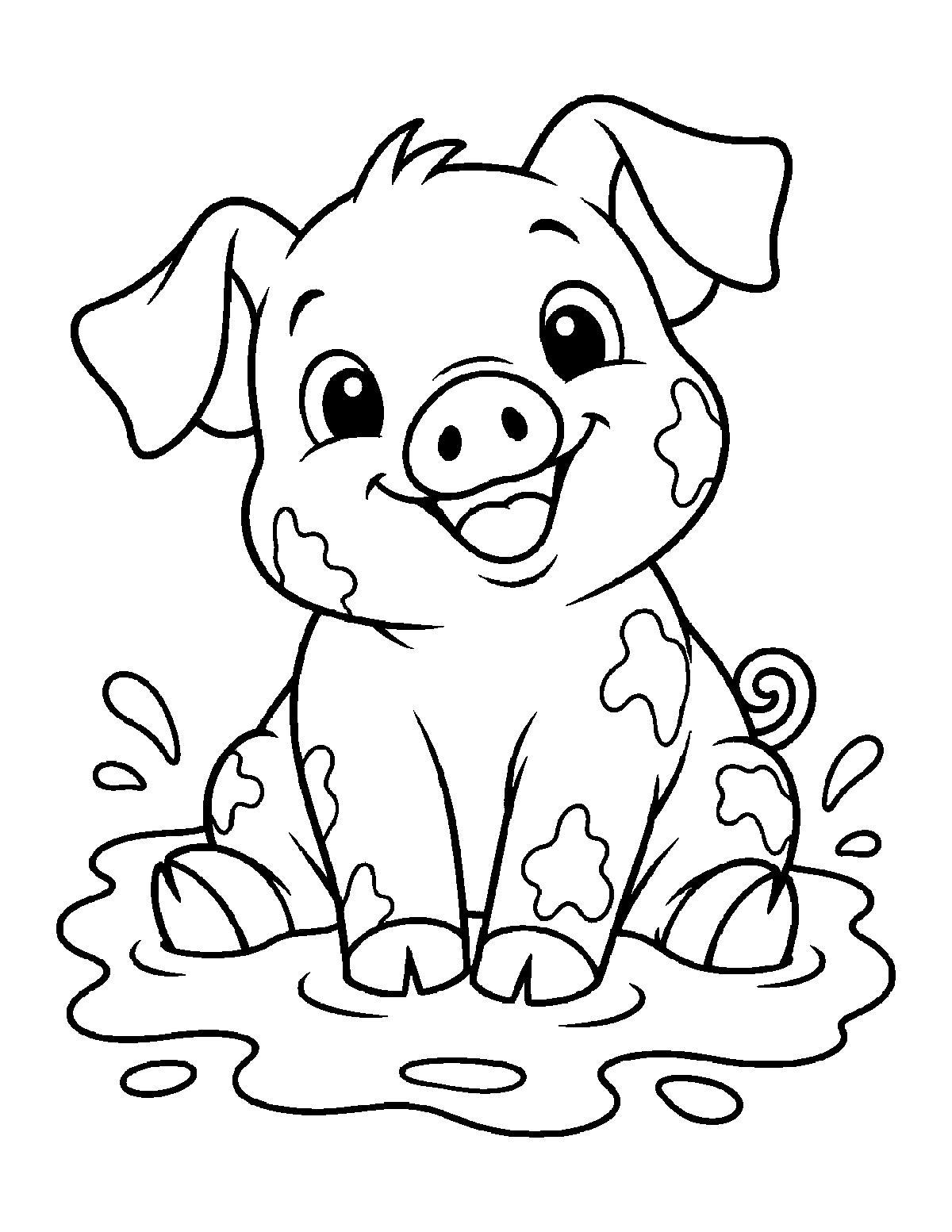 Coloring page of a smiling piglet sitting in a mud puddle