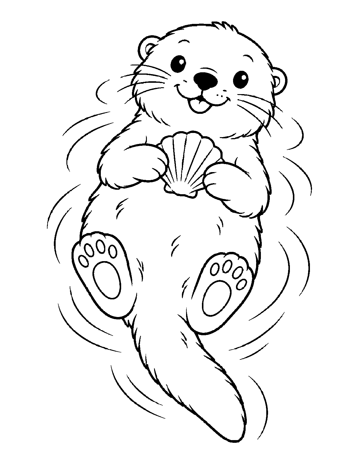 Coloring page of a smiling otter floating on its back while holding a seashell