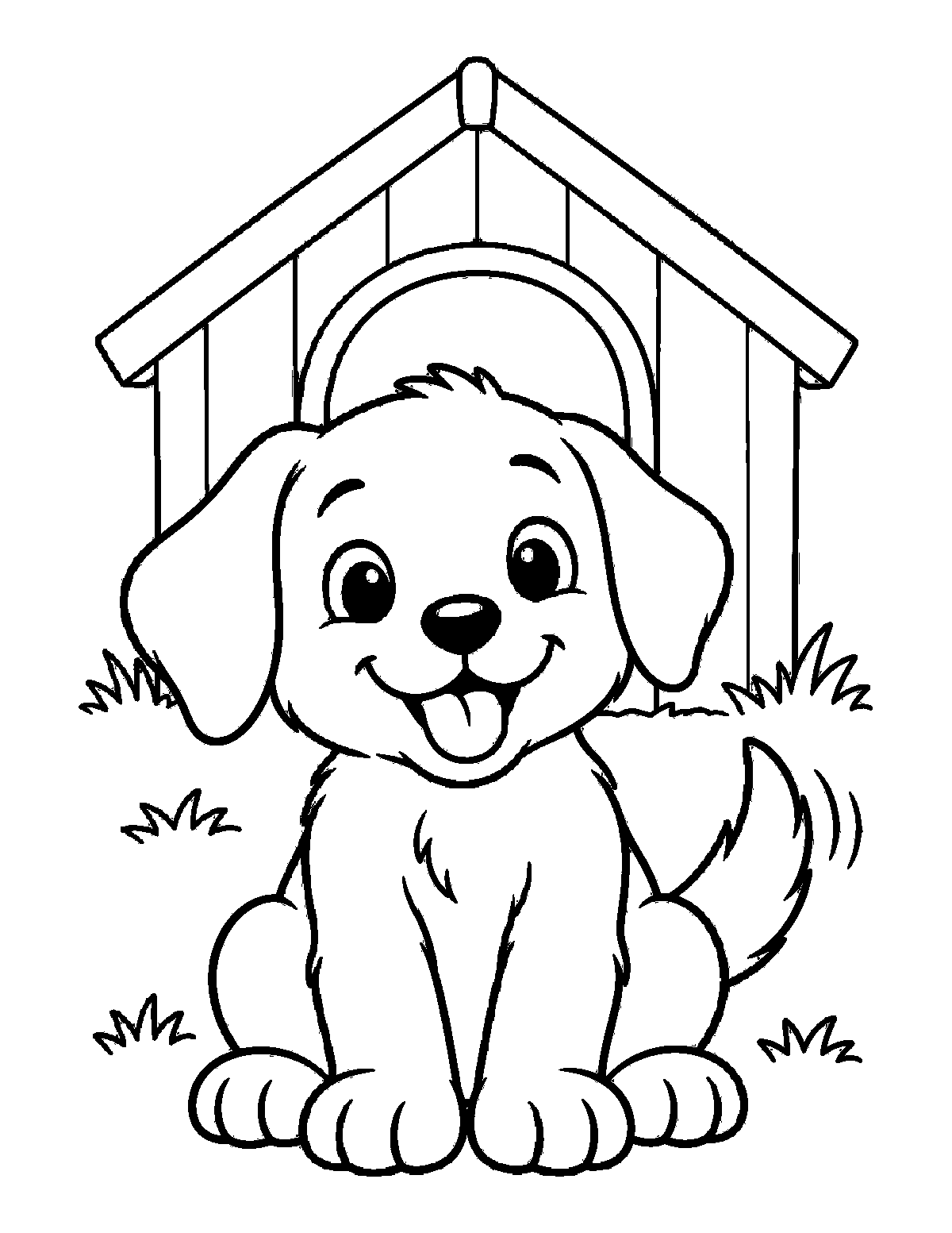 Coloring page of a smiling puppy sitting in front of a dog house