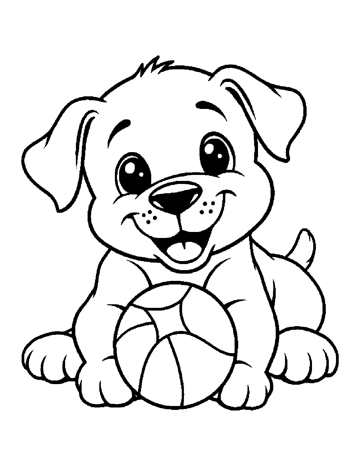 Coloring page of a happy puppy lying down with a round ball between its front paws