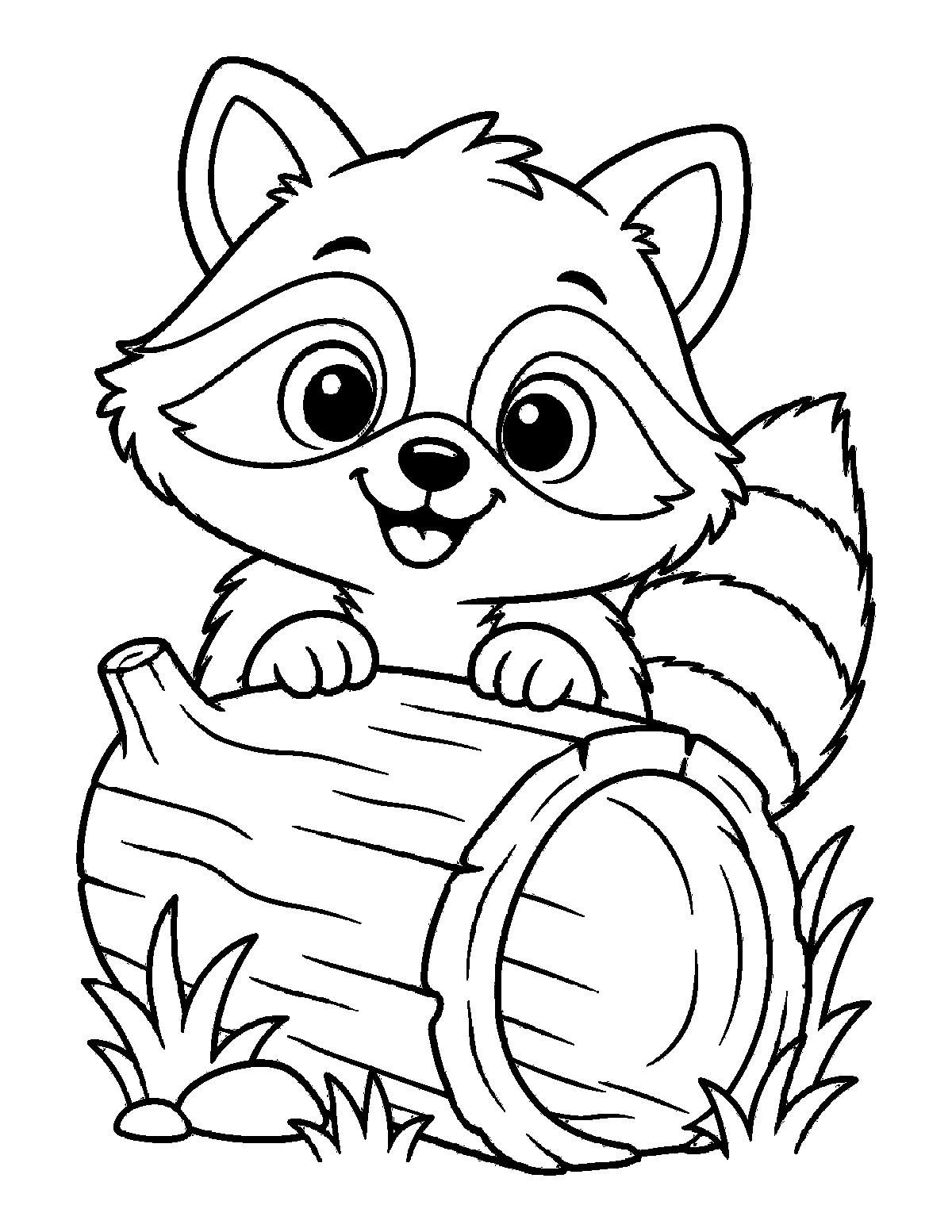 Coloring page of a smiling raccoon peeking over a hollow log with a striped tail