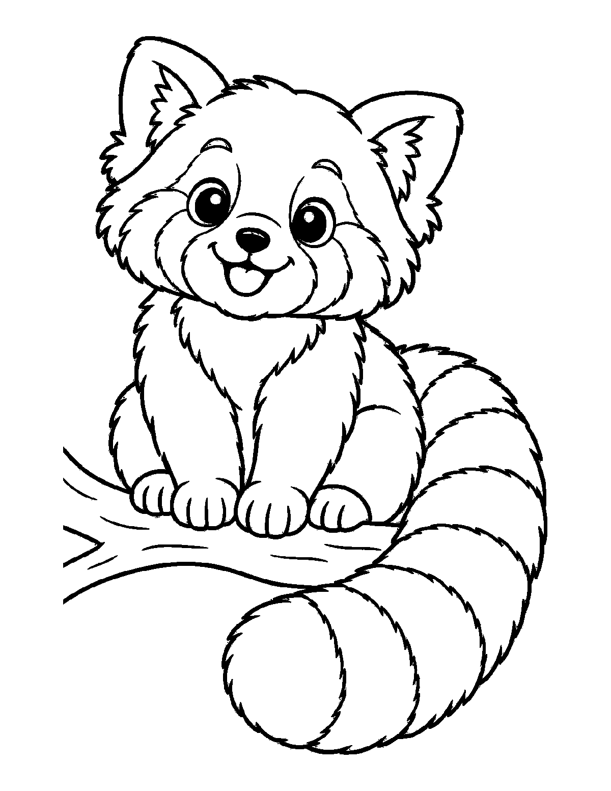 Coloring page of a smiling red panda sitting on a tree branch with a striped fluffy tail