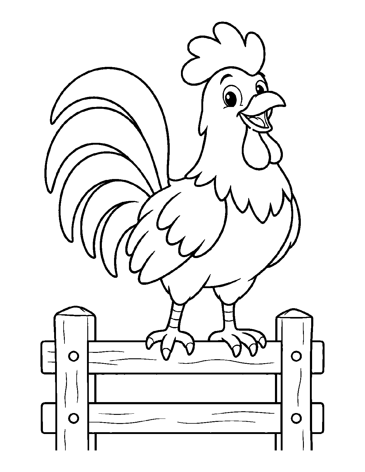 Coloring page of a rooster standing on a wooden fence with big tail feathers and an open beak