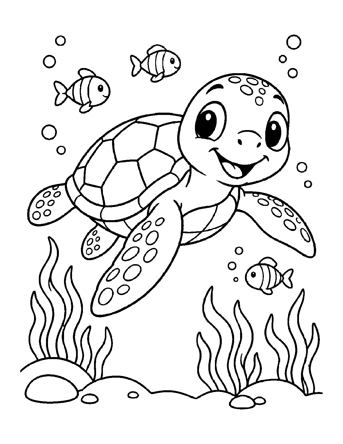 Coloring page of a smiling sea turtle swimming past seaweed, bubbles, and small fish
