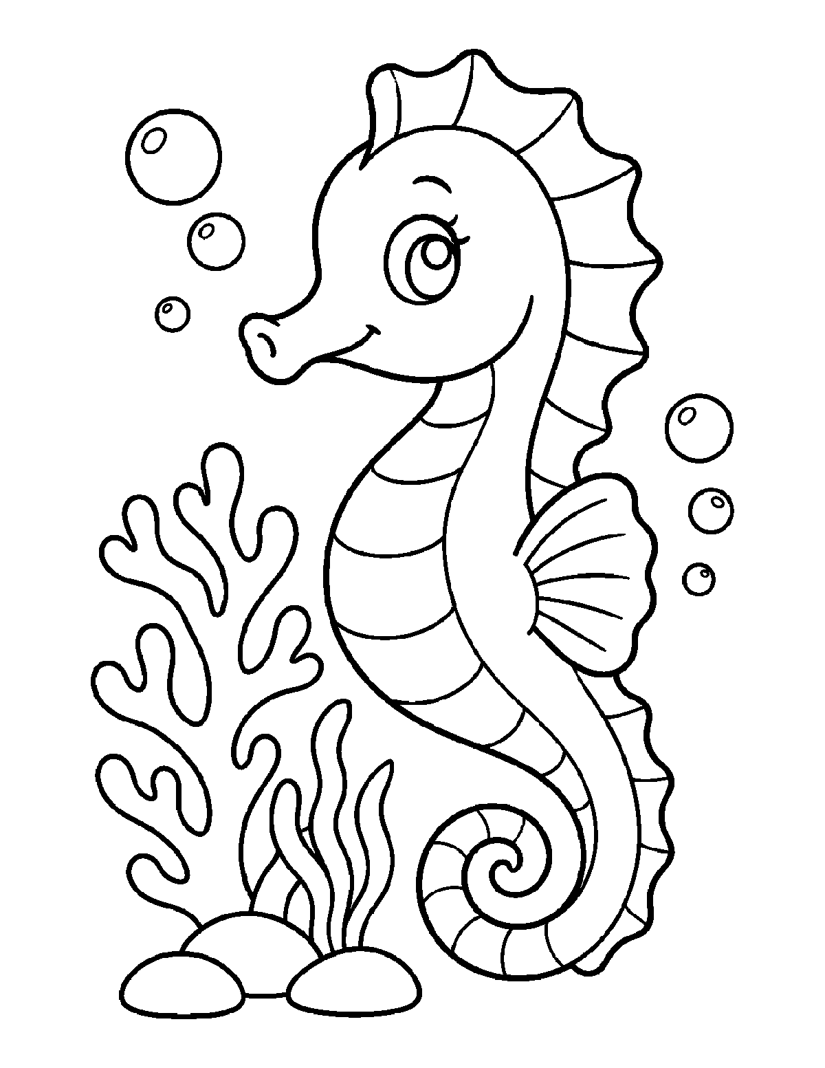 Coloring page of a smiling seahorse beside coral, seaweed, rocks, and bubbles