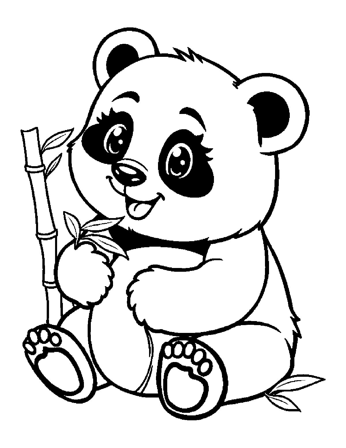 Coloring page of a cheerful baby panda sitting down and holding bamboo leaves