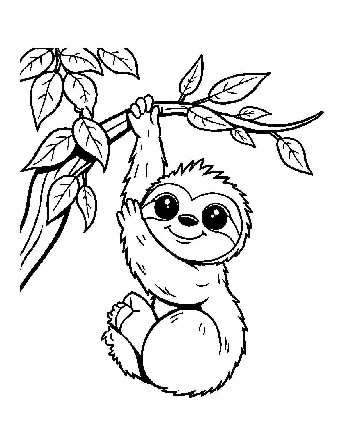 Coloring page of a smiling baby sloth hanging from a leafy tree branch