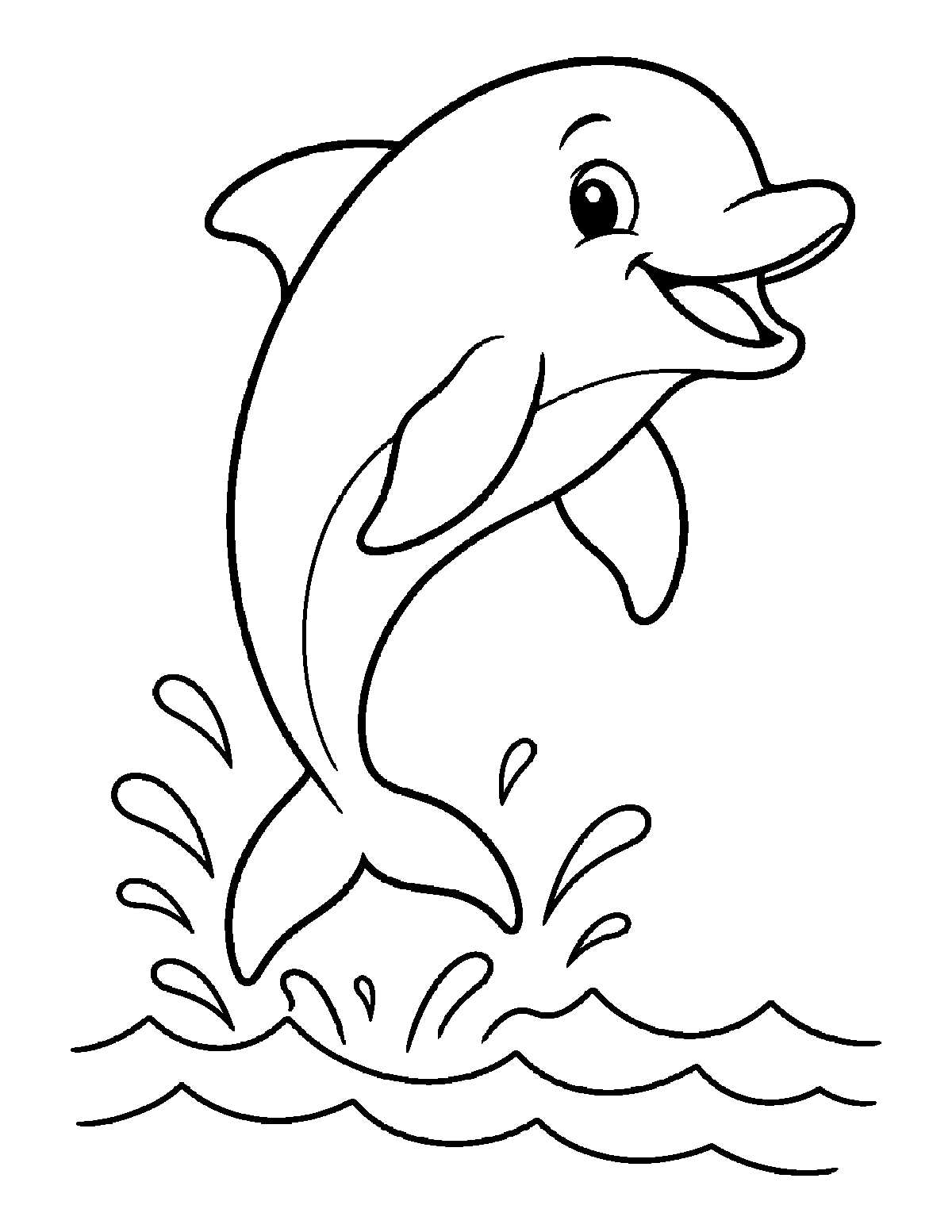 Coloring page of a smiling dolphin jumping out of ocean waves
