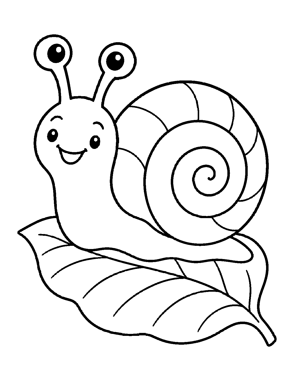 Coloring page of a smiling snail with a swirly shell crawling on a large leaf