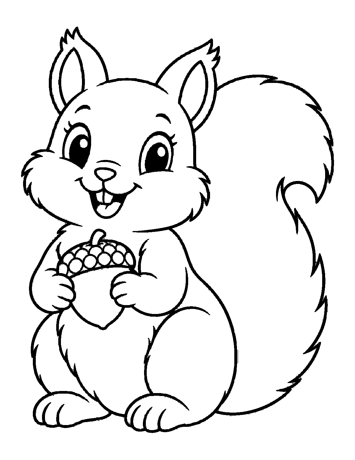 Coloring page of a smiling squirrel holding an acorn with a bushy tail